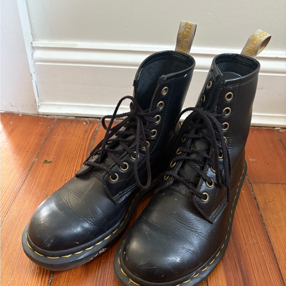 Dr. Martens Black Leather Boots with Yellow Tag